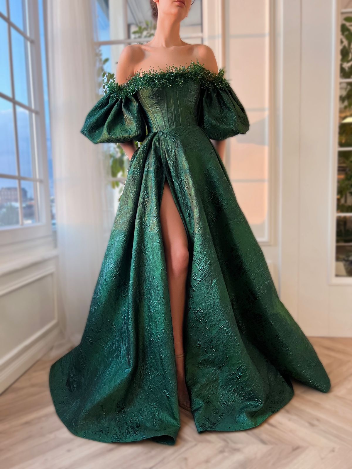 Green A-Line dress with off the shoulder sleeves and embroidery