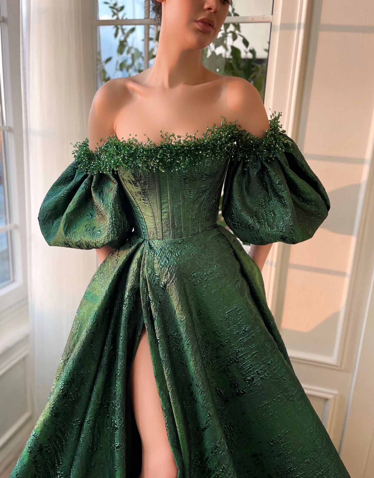 Green A-Line dress with off the shoulder sleeves and embroidery
