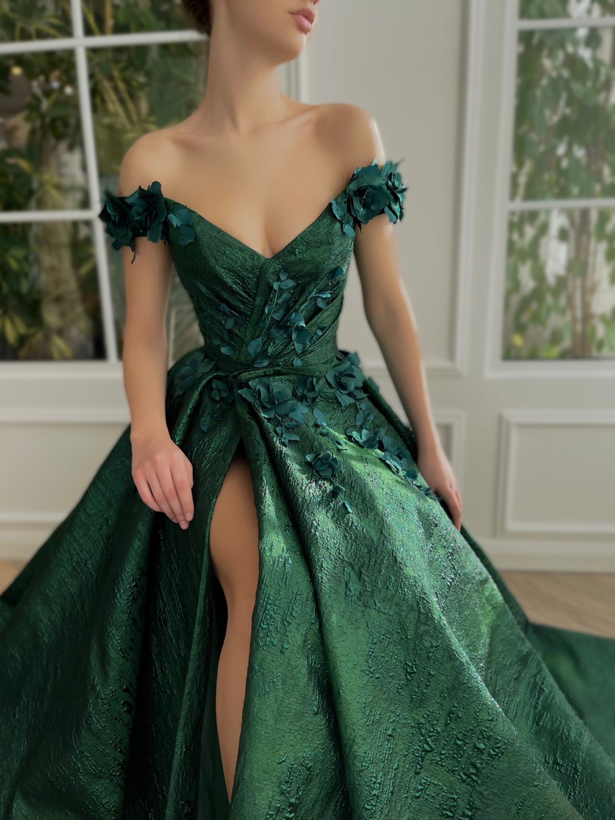 Green A-Line dress with off the shoulder sleeves, flowers and embroidery