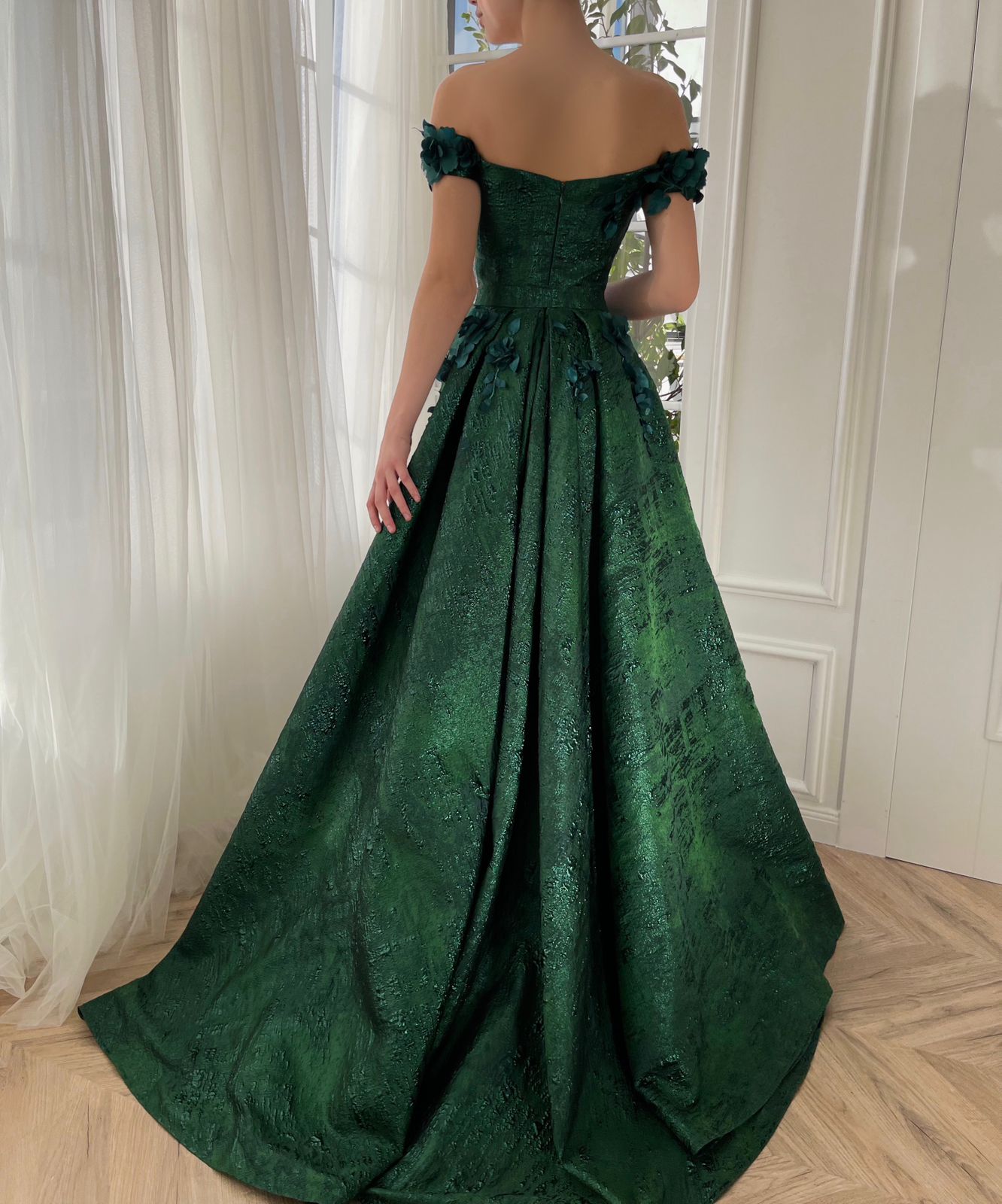 Green A-Line dress with off the shoulder sleeves, flowers and embroidery