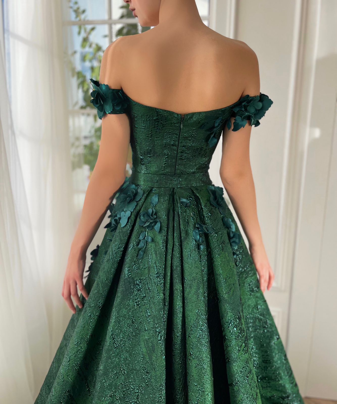 Green A-Line dress with off the shoulder sleeves, flowers and embroidery