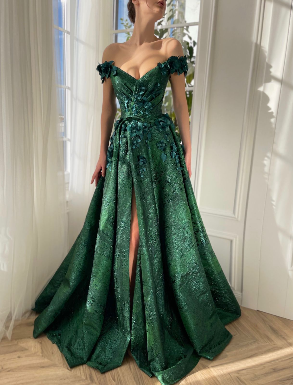 Green A-Line dress with off the shoulder sleeves, flowers and embroidery