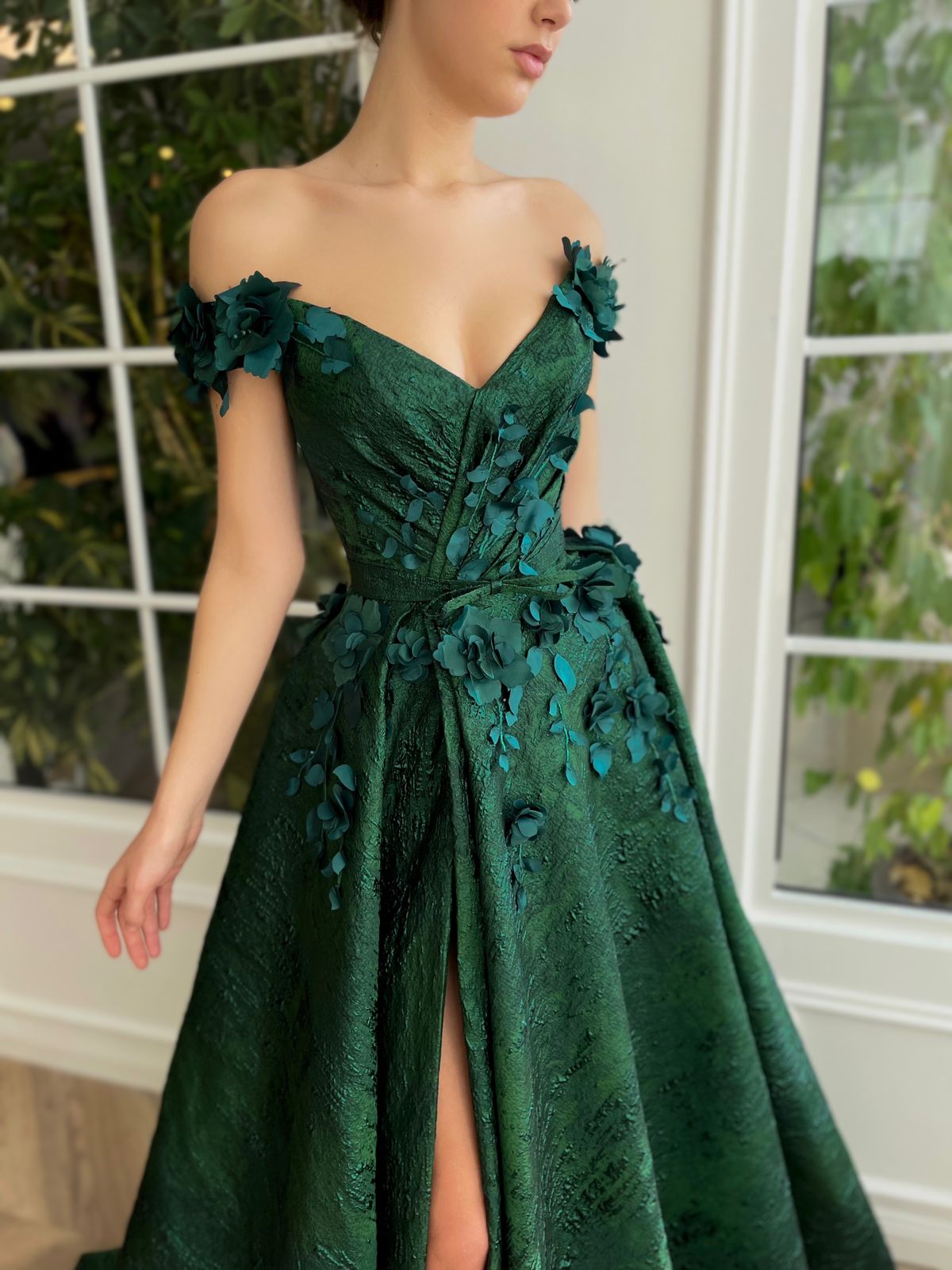Green A-Line dress with off the shoulder sleeves, flowers and embroidery