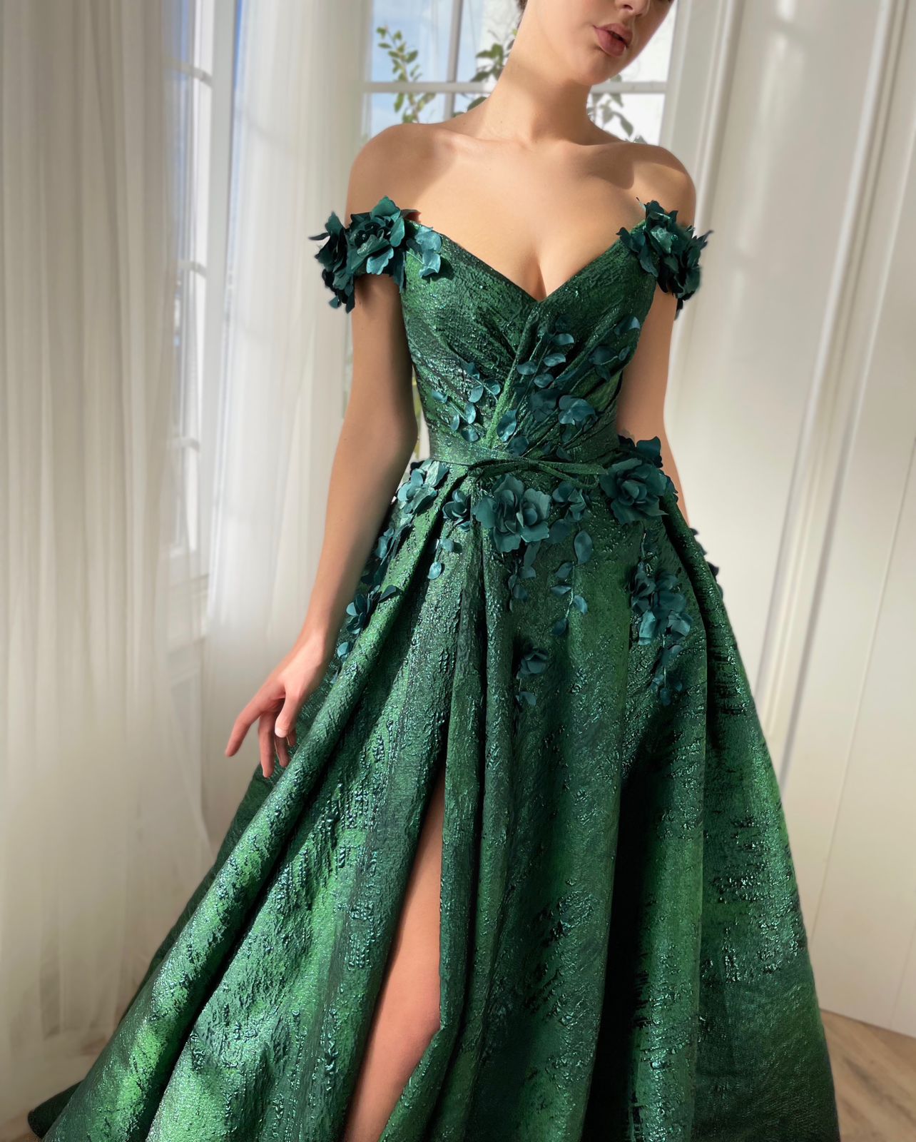 Green A-Line dress with off the shoulder sleeves, flowers and embroidery