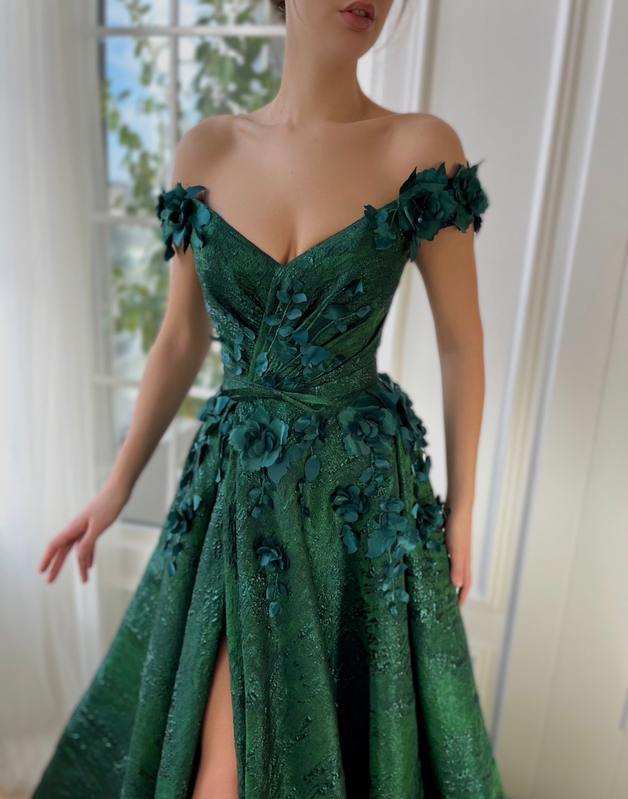Green A-Line dress with off the shoulder sleeves, flowers and embroidery
