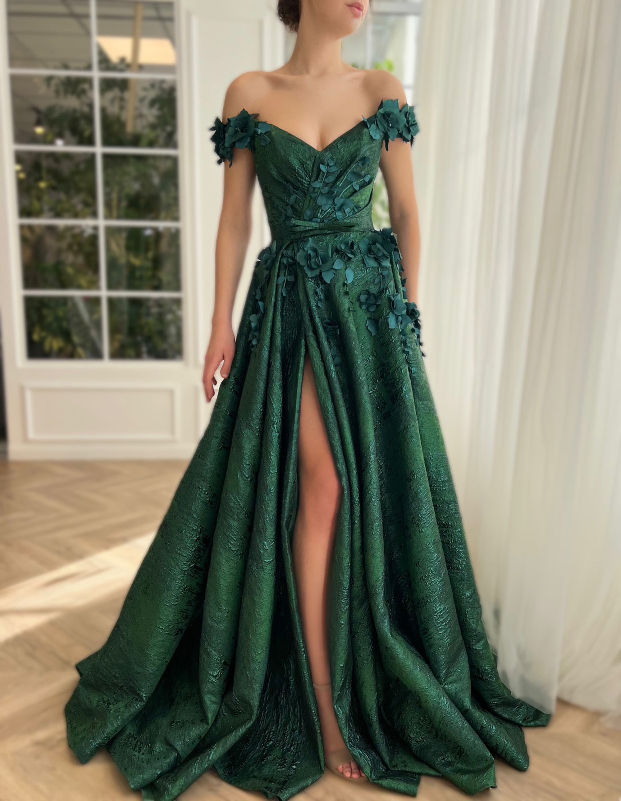 Green A-Line dress with off the shoulder sleeves, flowers and embroidery