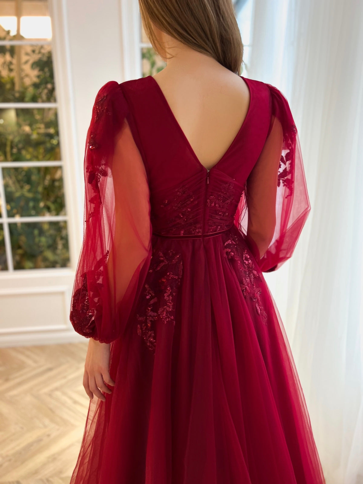 Red A-Line dress with embroidery and long sleeves