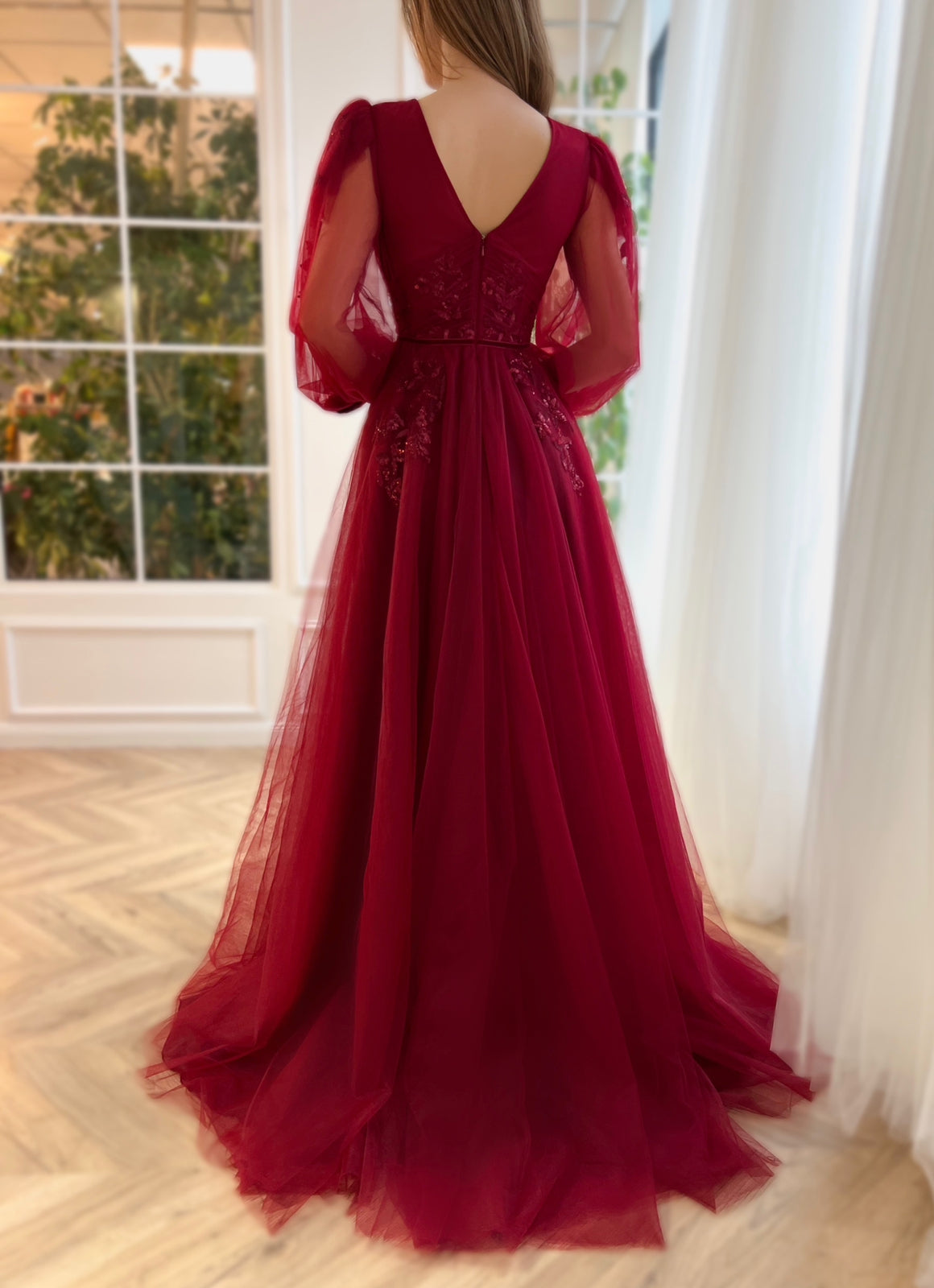 Red A-Line dress with embroidery and long sleeves
