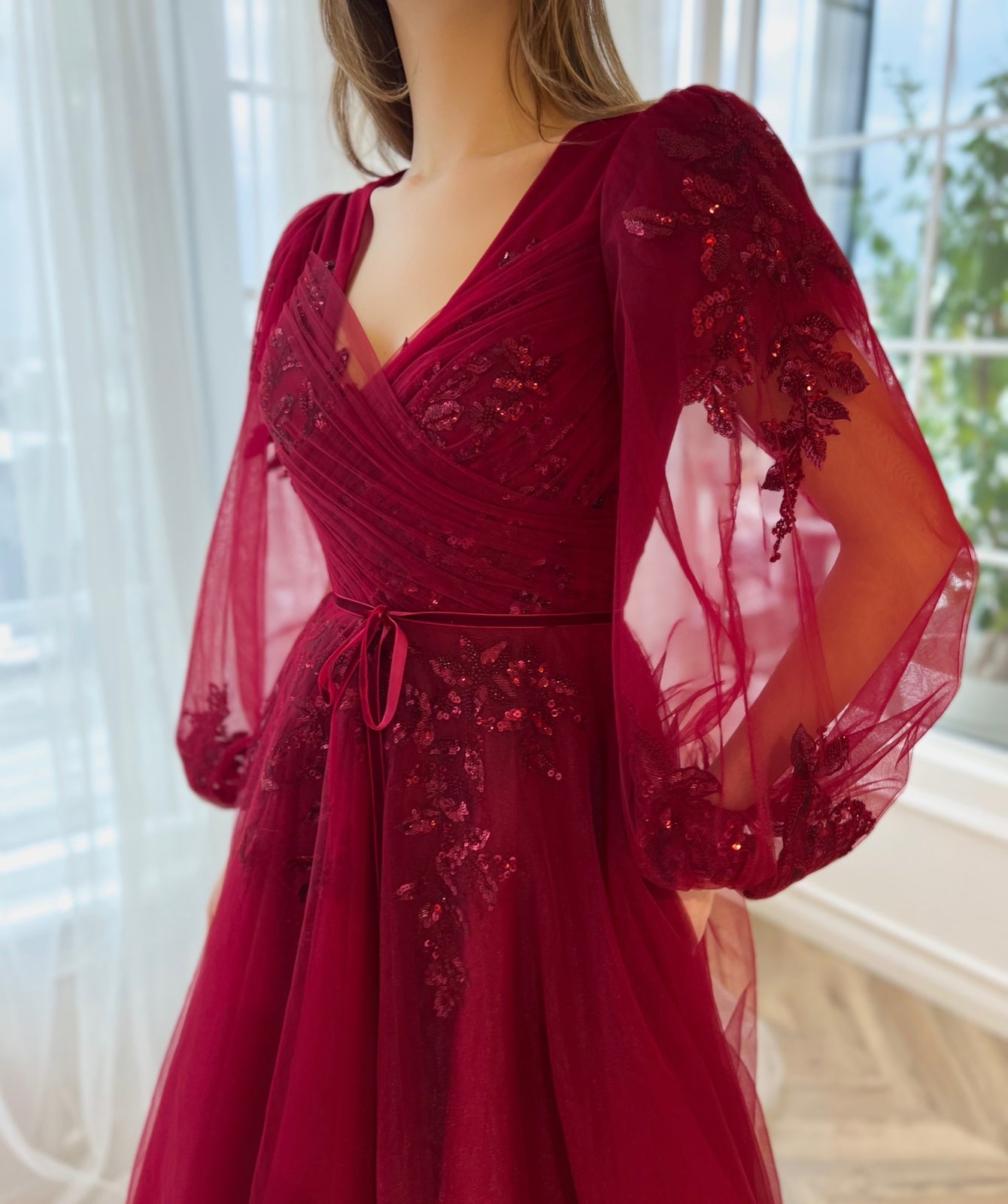 Red A-Line dress with embroidery and long sleeves