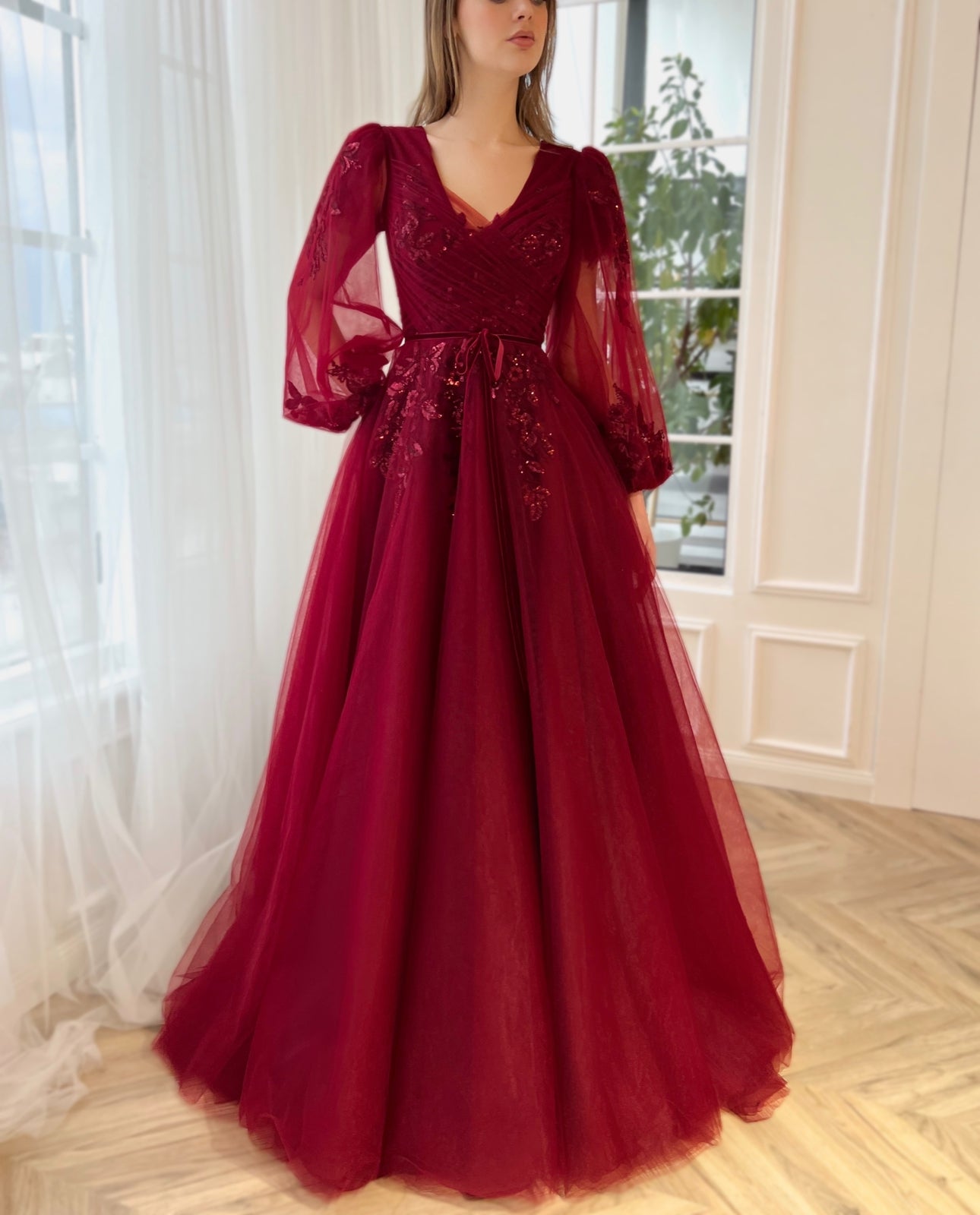 Red A-Line dress with embroidery and long sleeves