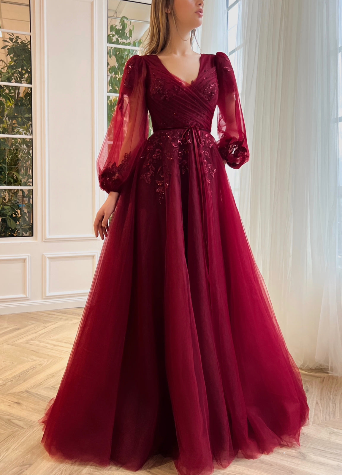 Red A-Line dress with embroidery and long sleeves