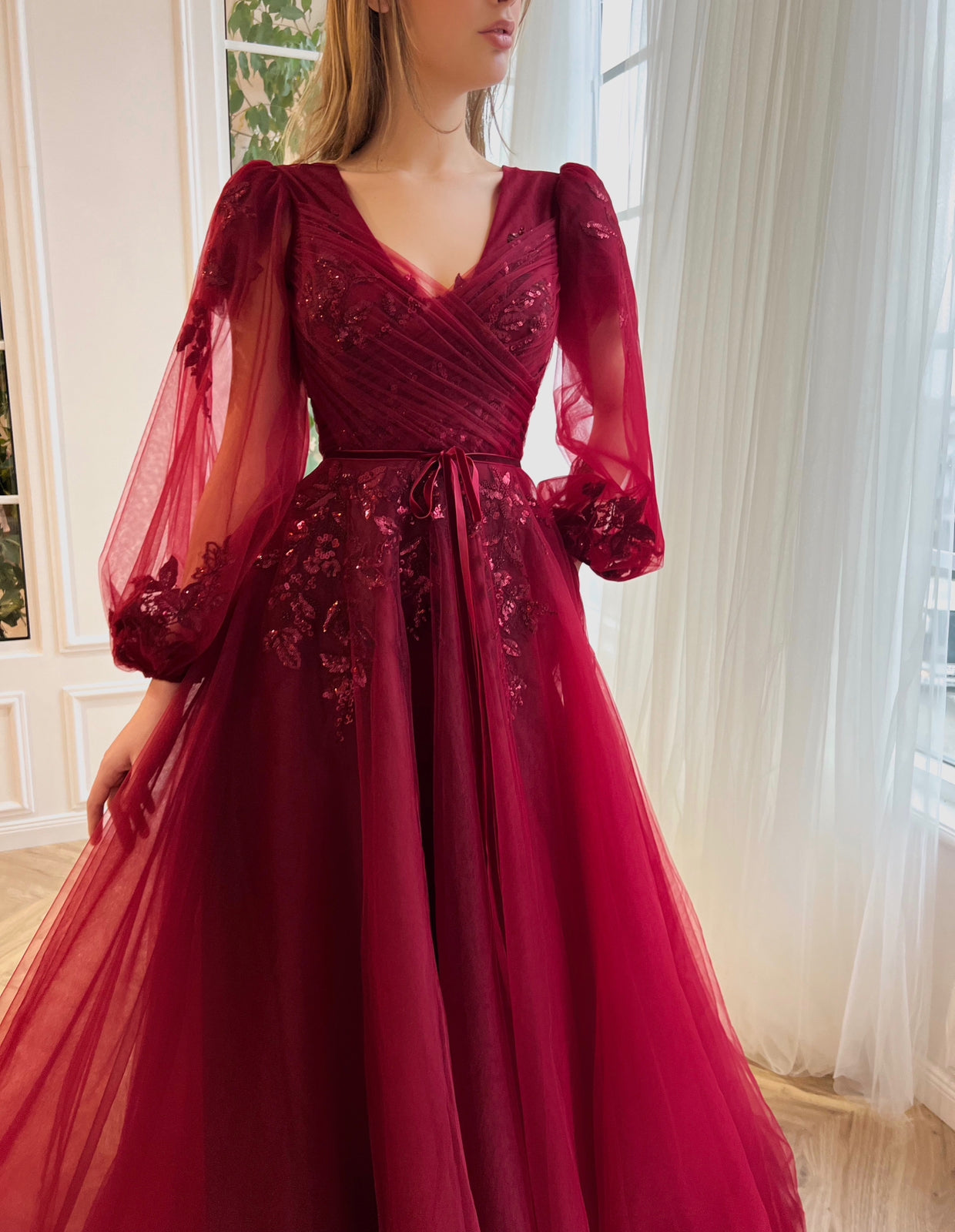 Red A-Line dress with embroidery and long sleeves