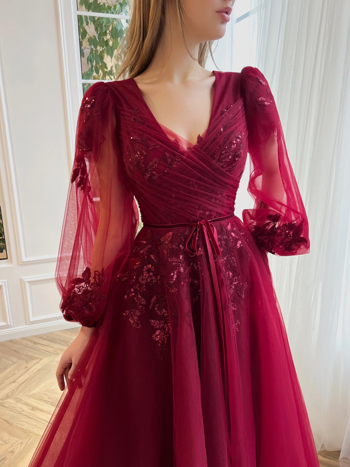 Red A-Line dress with embroidery and long sleeves