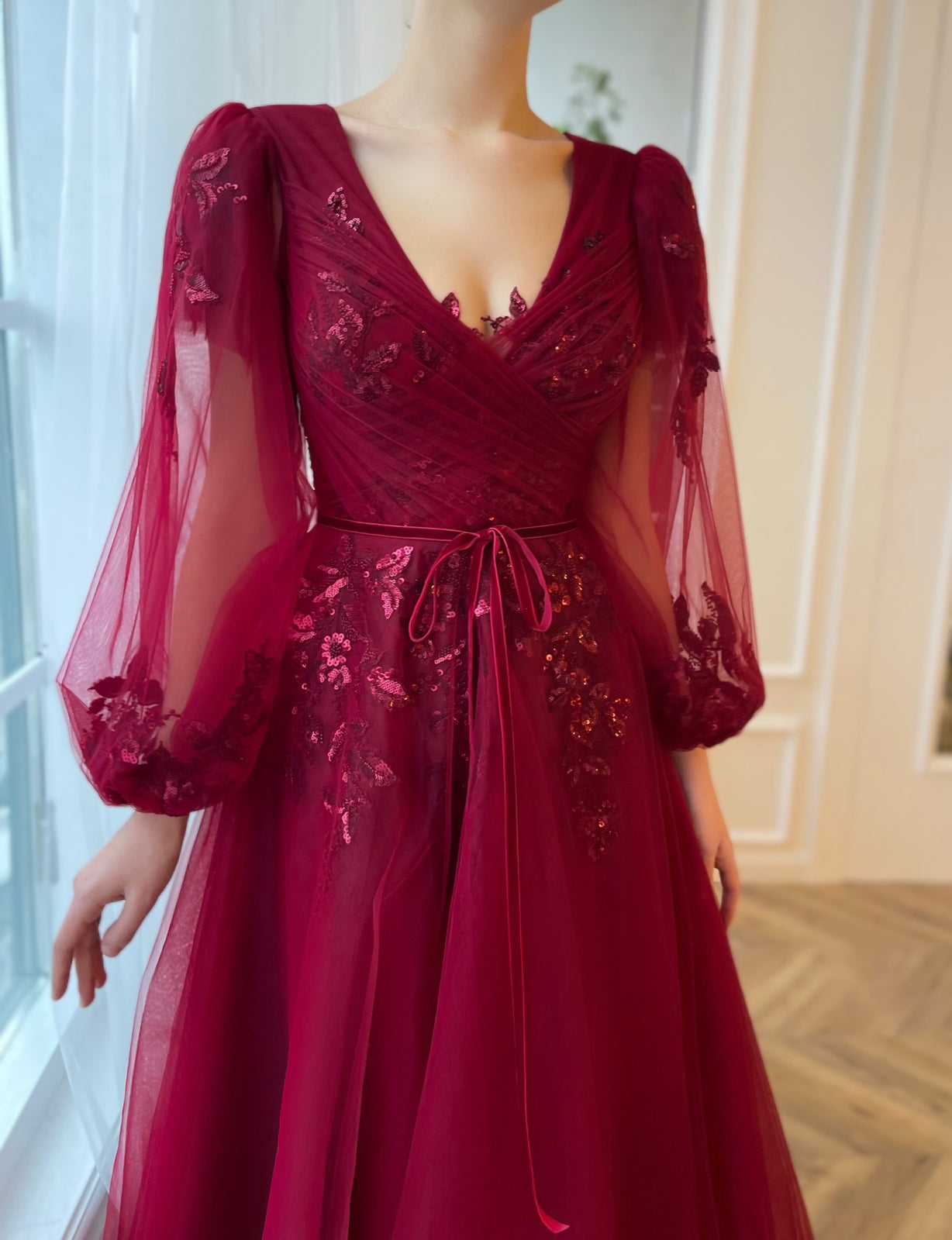 Red A-Line dress with embroidery and long sleeves