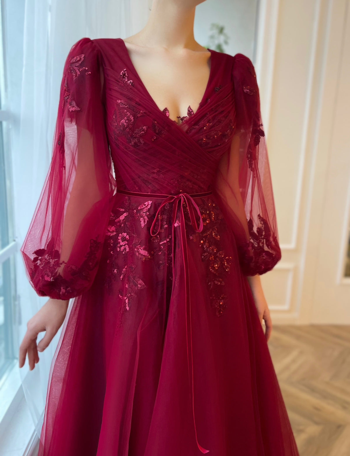 Red A-Line dress with embroidery and long sleeves