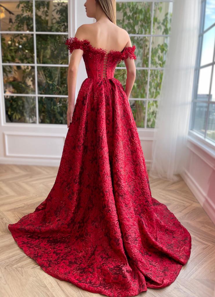 Red A-Line dress with embroidery and off the shoulder sleeves
