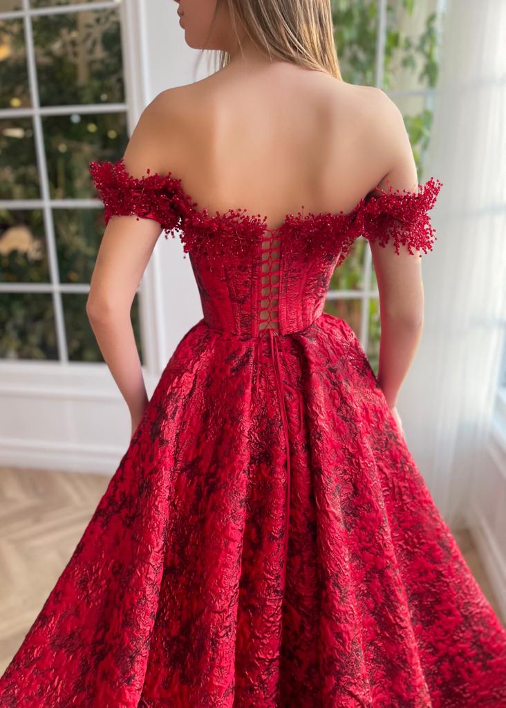 Red A-Line dress with embroidery and off the shoulder sleeves