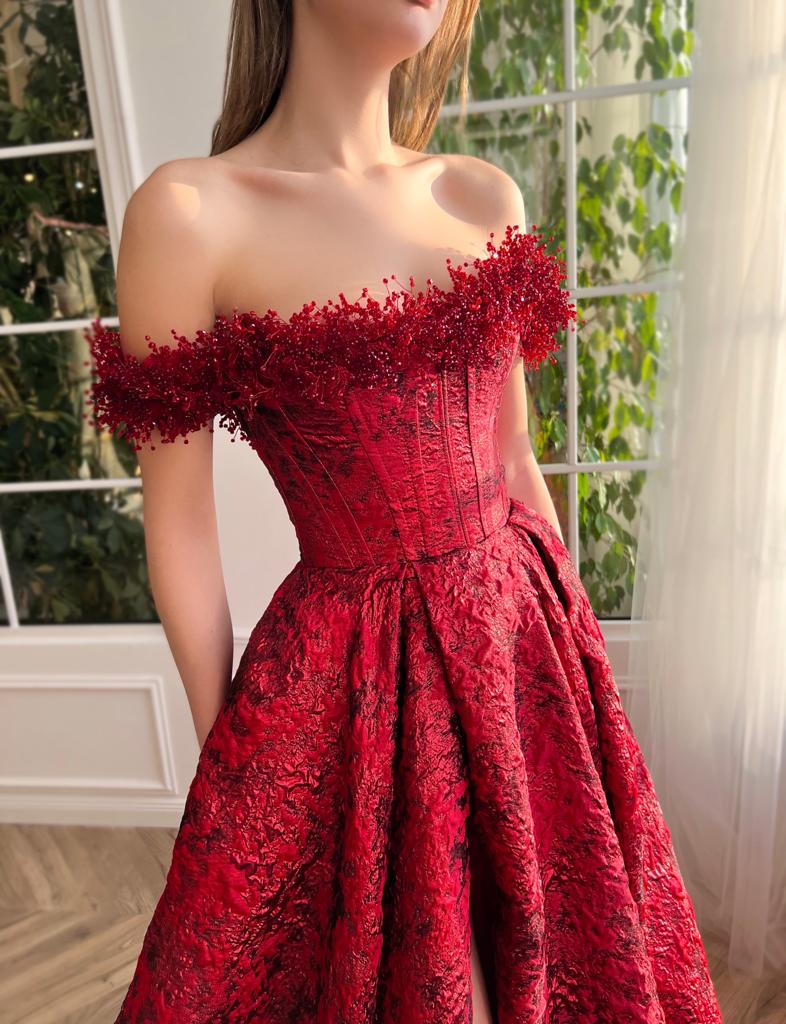 Red A-Line dress with embroidery and off the shoulder sleeves
