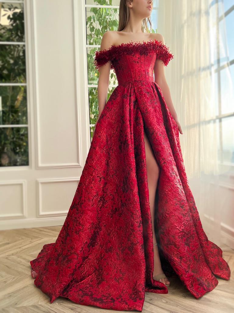Red A-Line dress with embroidery and off the shoulder sleeves