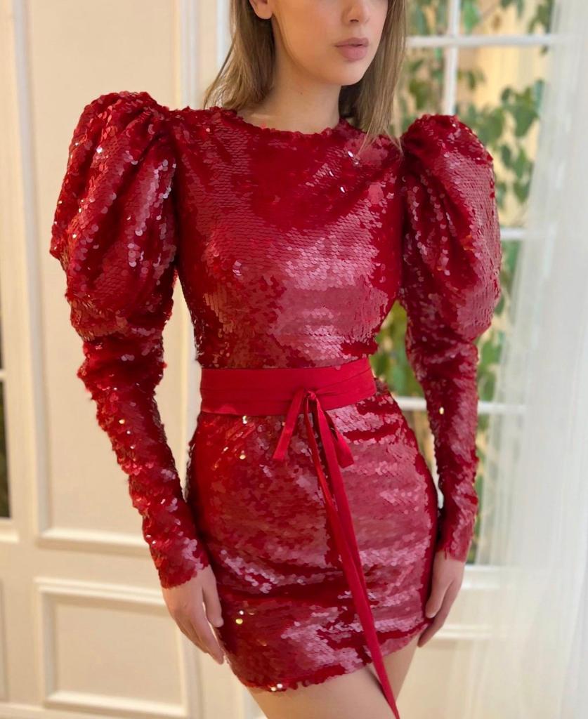Red mini dress with sequins and long sleeves