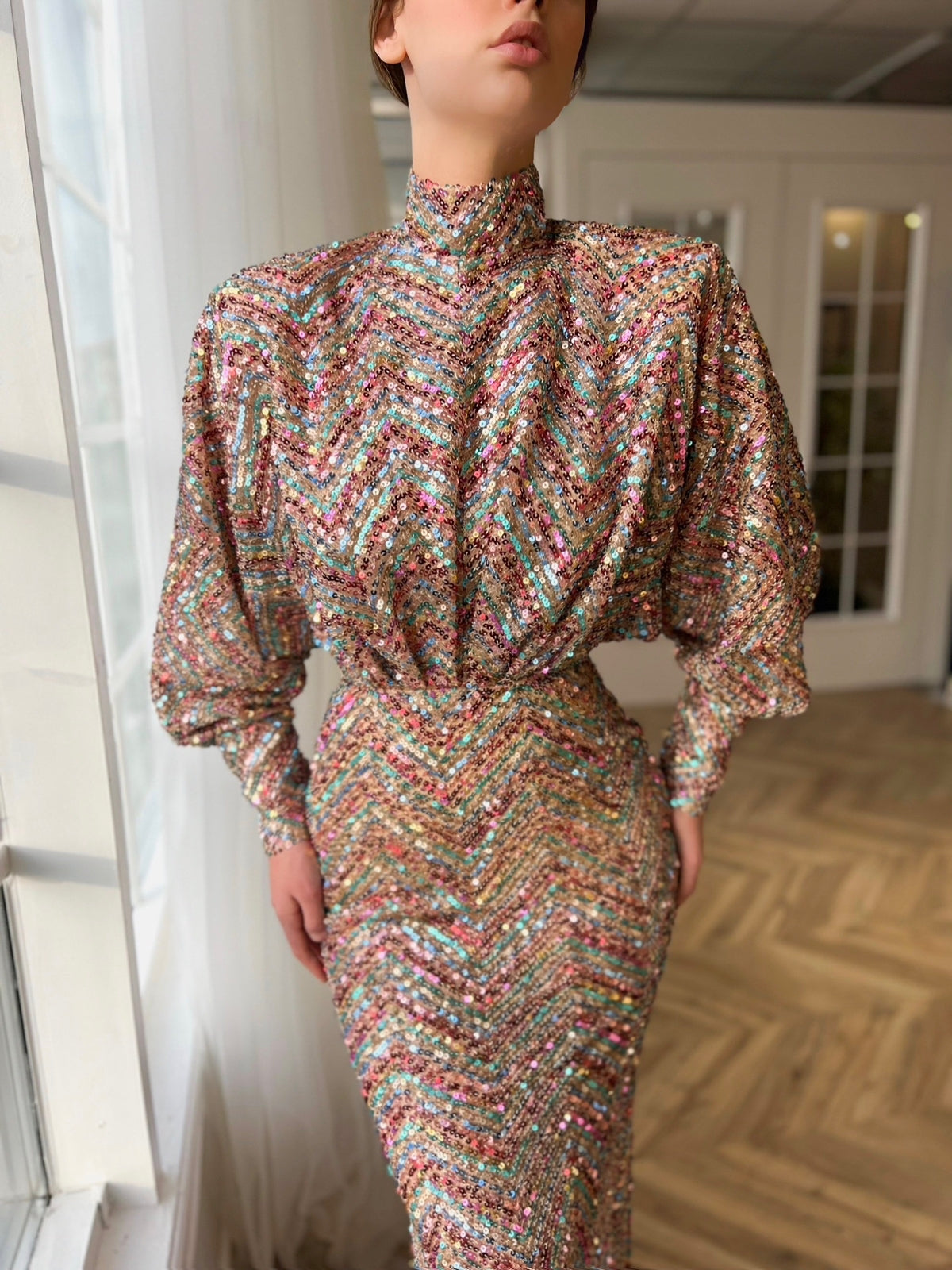 Colorful mermaid dress with turtle neck, sequins and long sleeves