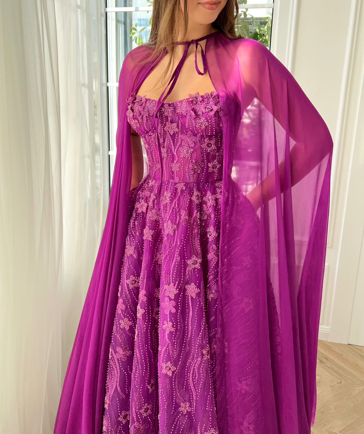 Pink A-Line dress with lace, no sleeves and cape