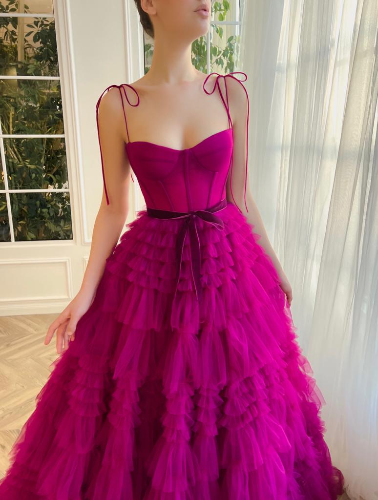 Pink A-Line dress with ruffles and spaghetti straps