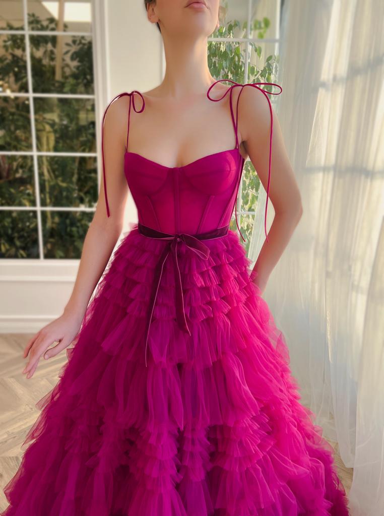 Pink A-Line dress with ruffles and spaghetti straps