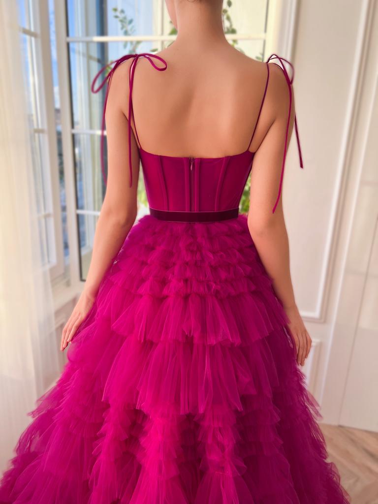 Pink A-Line dress with ruffles and spaghetti straps