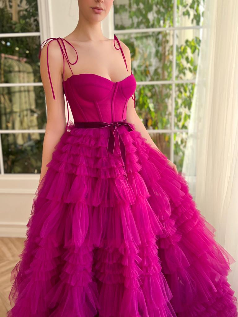 Pink A-Line dress with ruffles and spaghetti straps