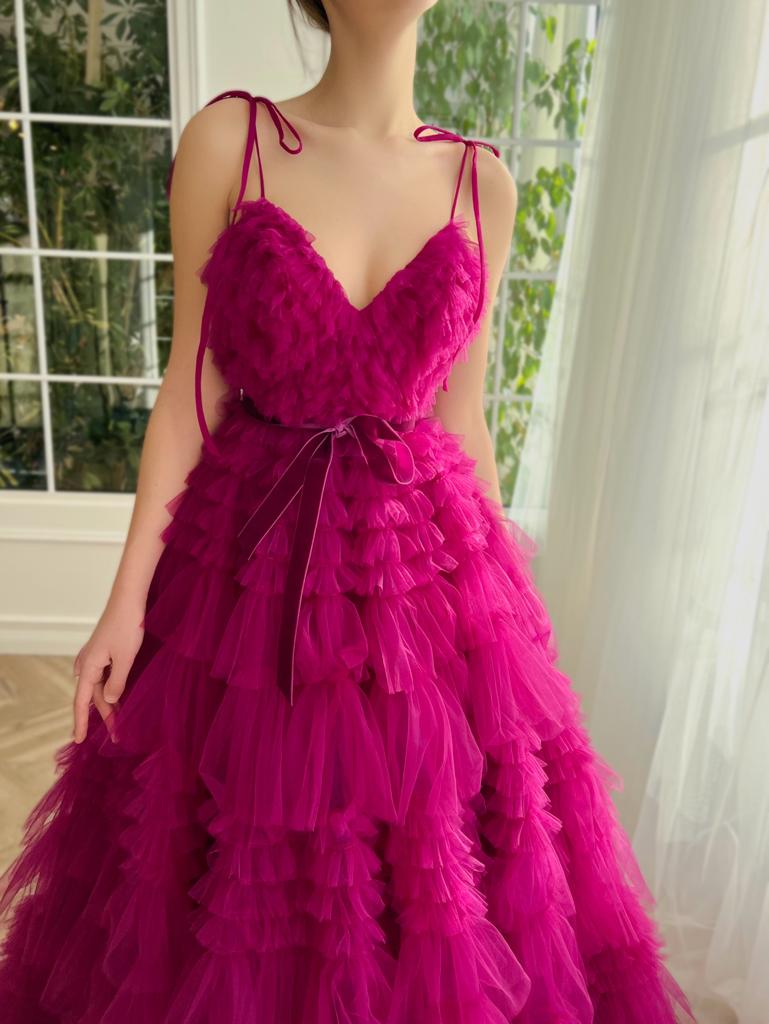 Pink A-Line dress with spaghetti straps and ruffles