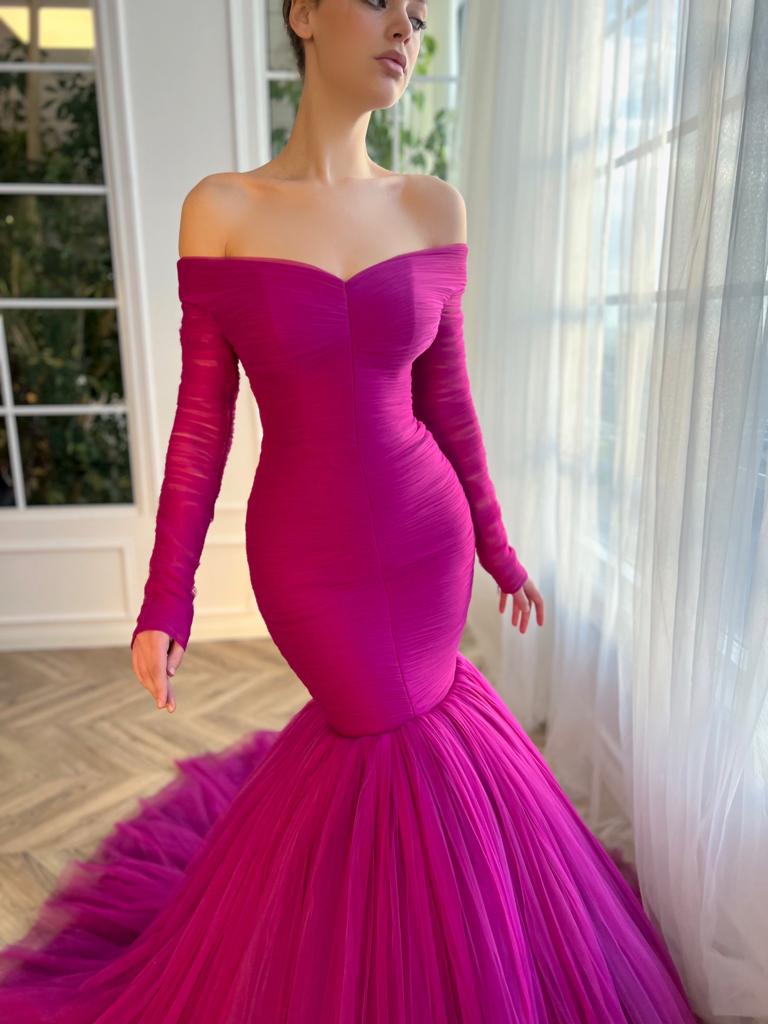 Pink mermaid dress with off the shoulder sleeves and long sleeves