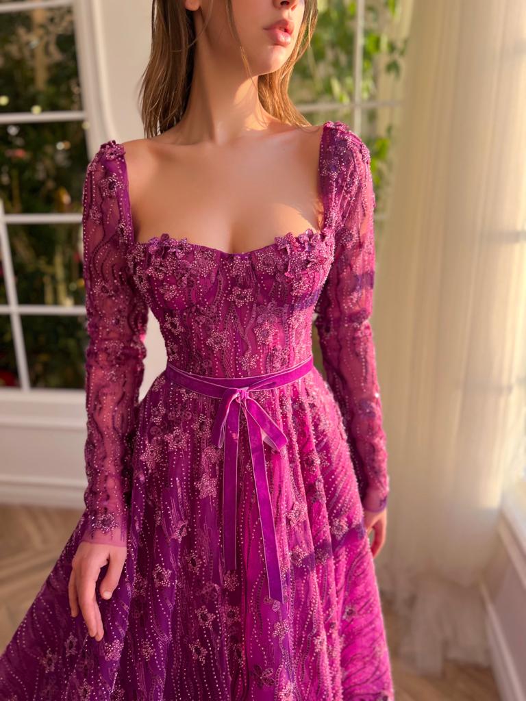Purple A-Line dress with lace and long sleeves