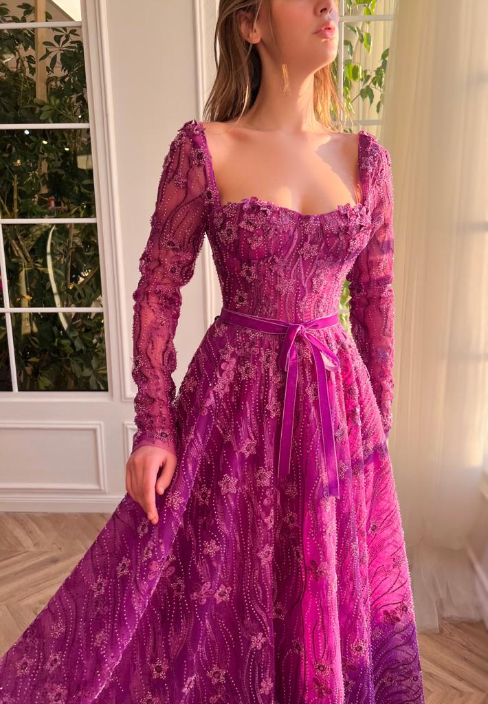 Purple A-Line dress with lace and long sleeves