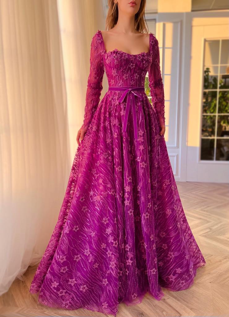 Purple A-Line dress with lace and long sleeves