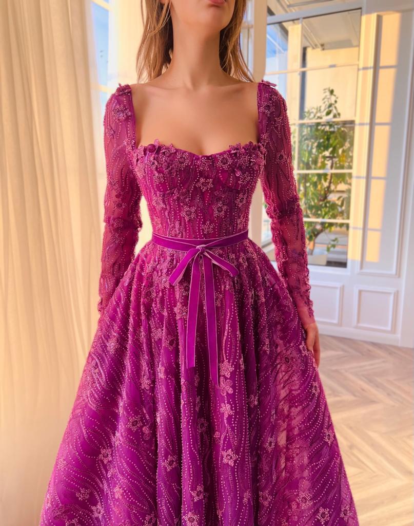 Purple A-Line dress with lace and long sleeves