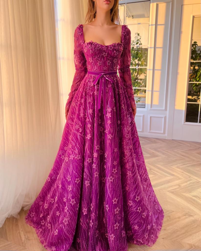 Purple A-Line dress with lace and long sleeves