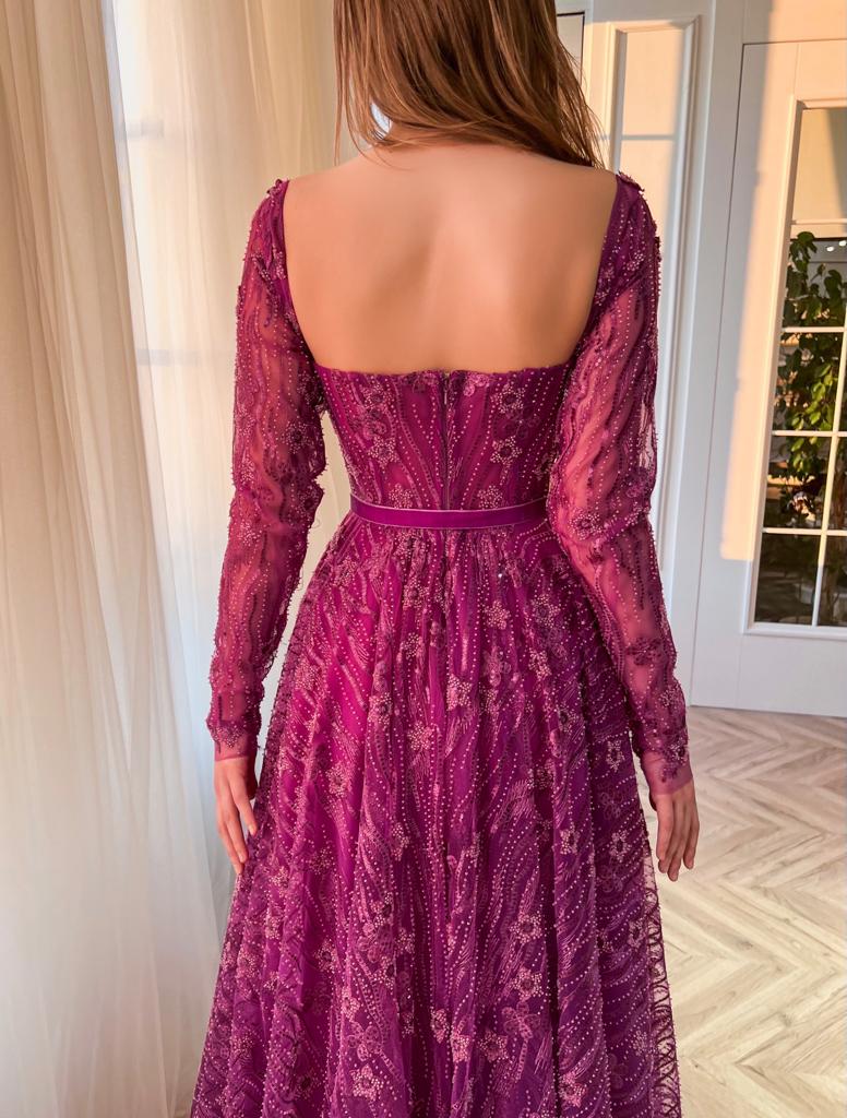 Purple A-Line dress with lace and long sleeves