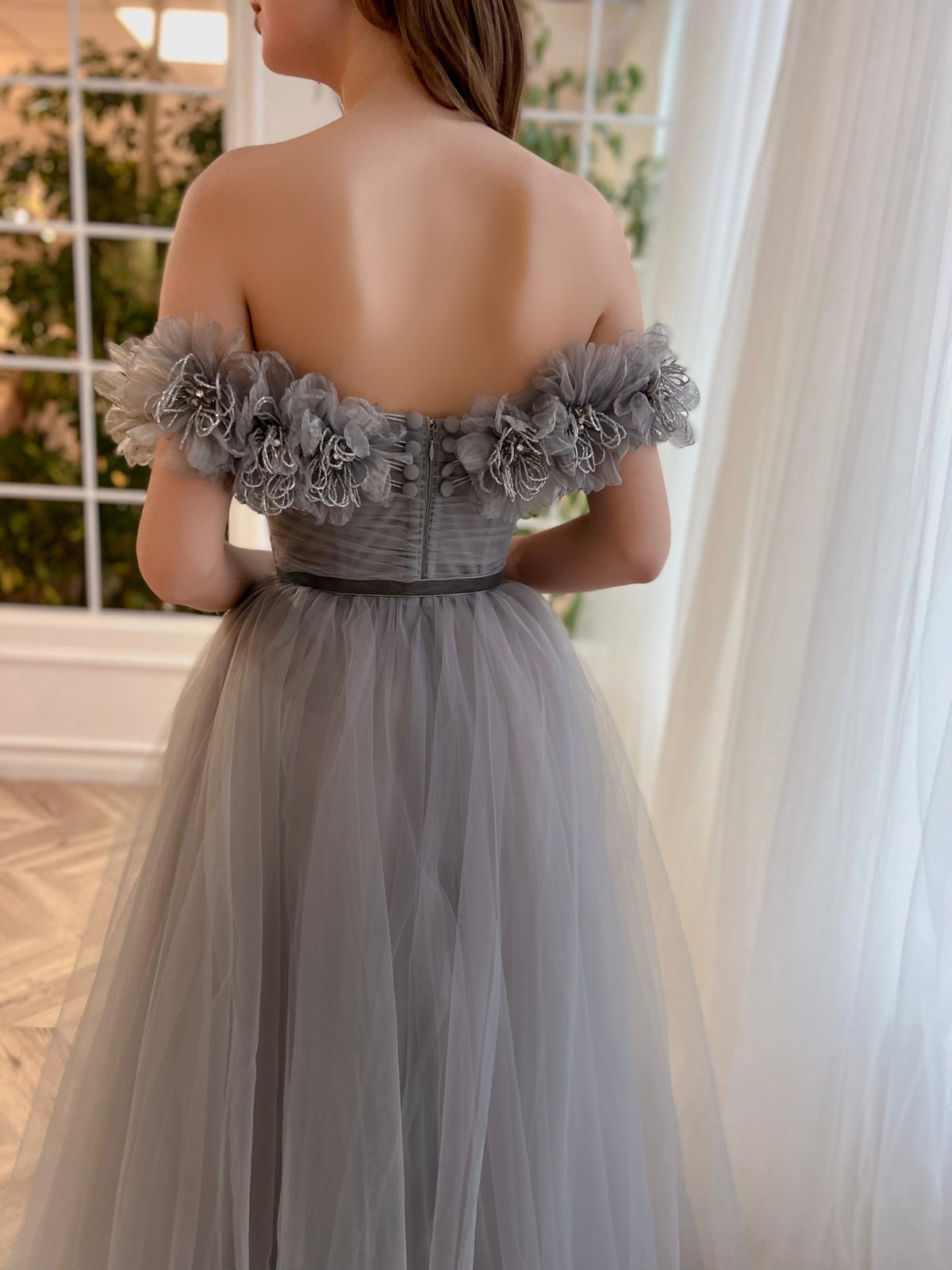 Grey A-Line dress with embroidery, flowers and off the shoulder sleeves