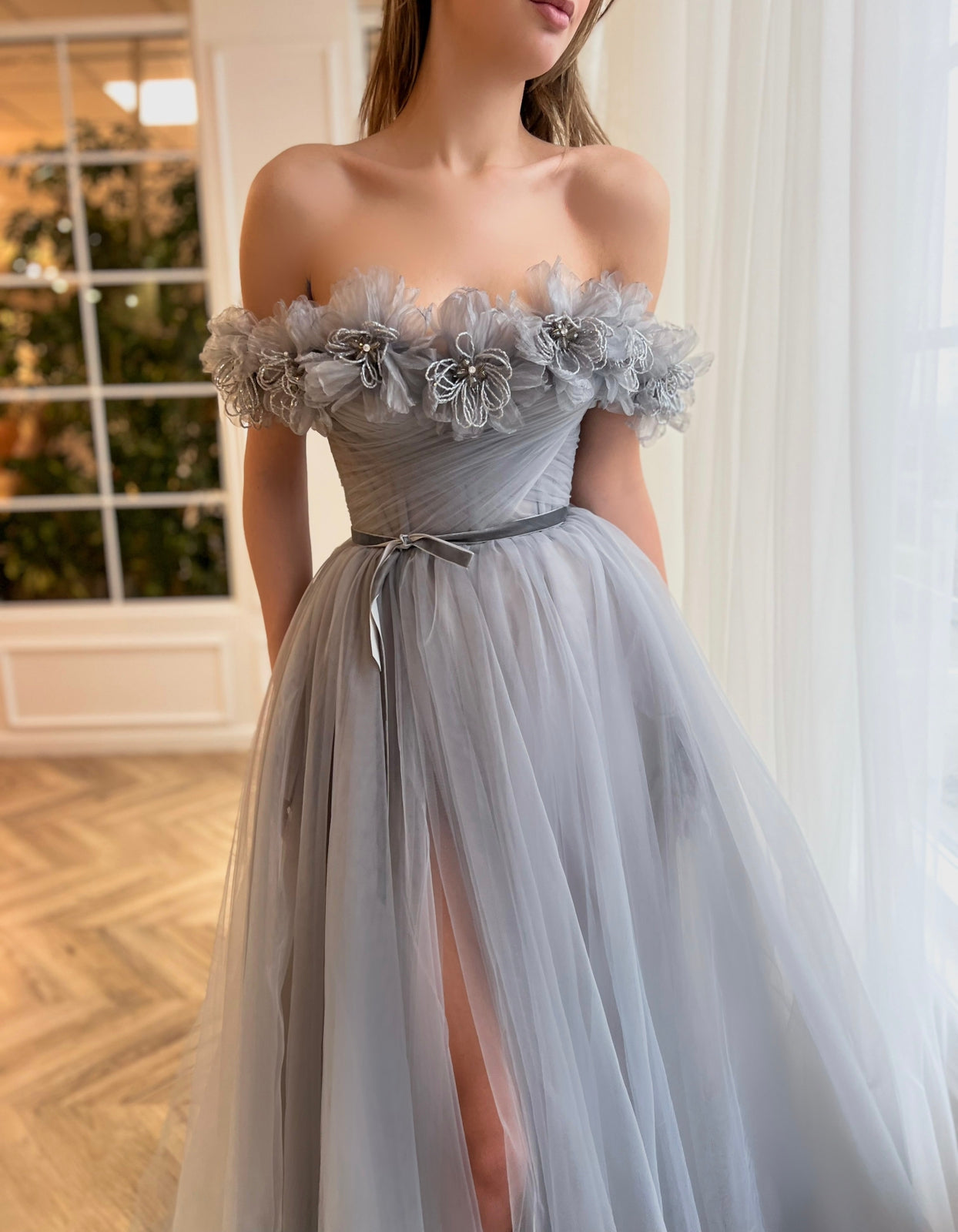 Grey A-Line dress with embroidery, flowers and off the shoulder sleeves