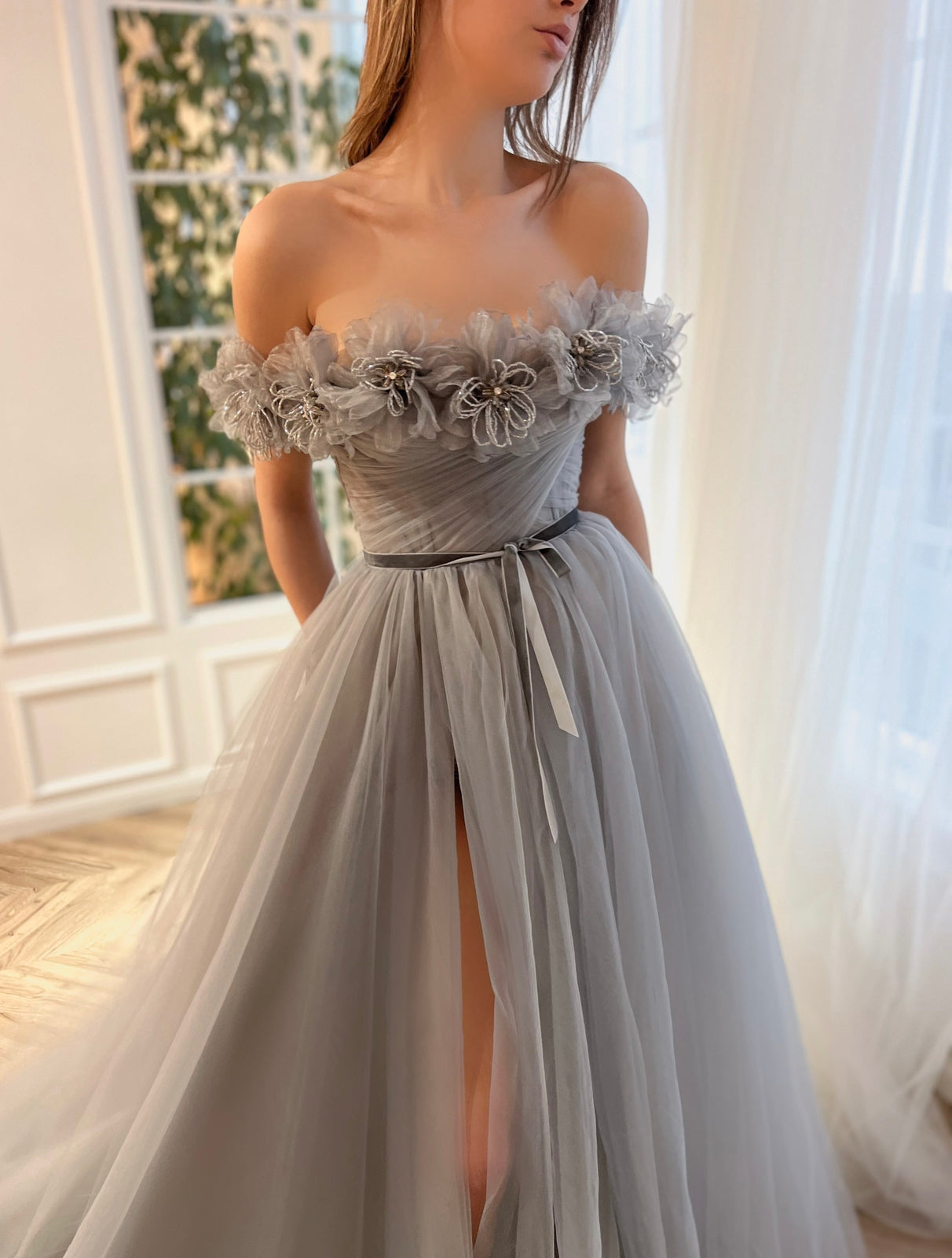 Grey A-Line dress with embroidery, flowers and off the shoulder sleeves