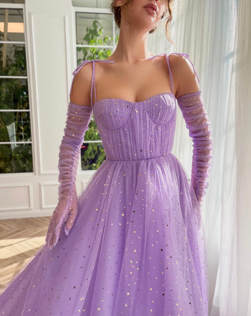 Purple A-Line dress with no sleeves, starry fabric and spaghetti straps