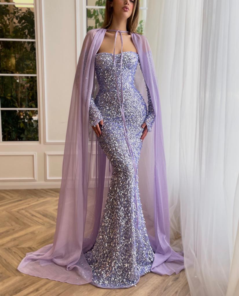 Purple mermaid dress with off the shoulder sleeves, long sleeves, sequins and cape