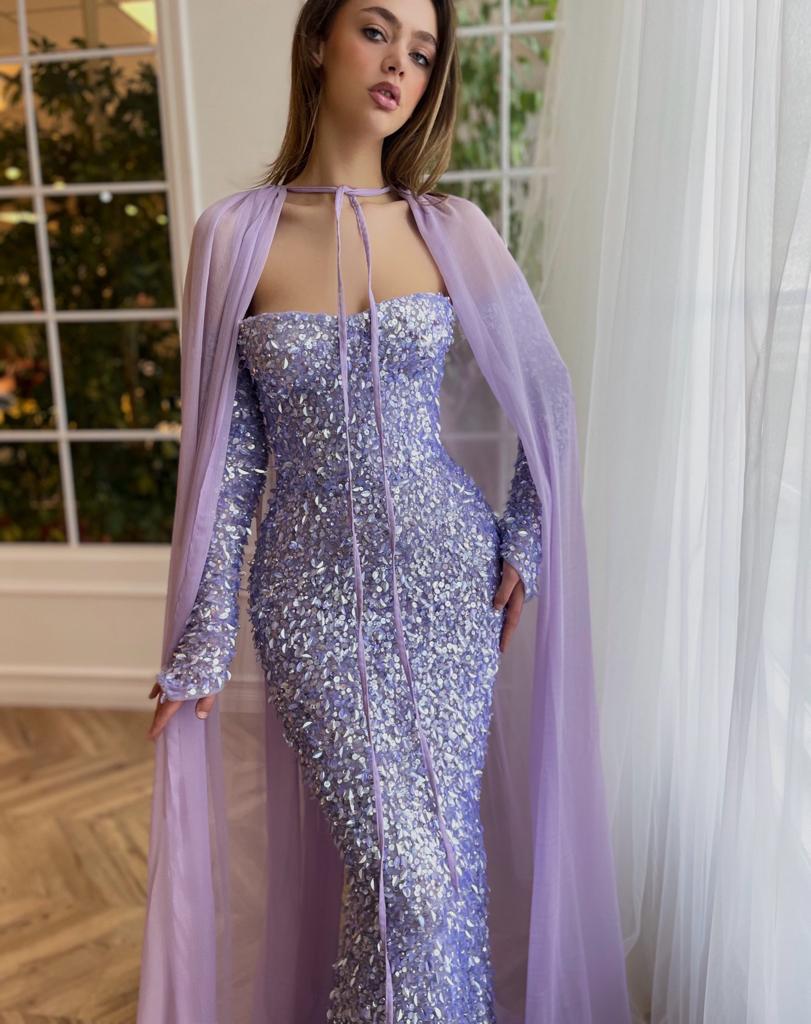 Purple mermaid dress with off the shoulder sleeves, long sleeves, sequins and cape