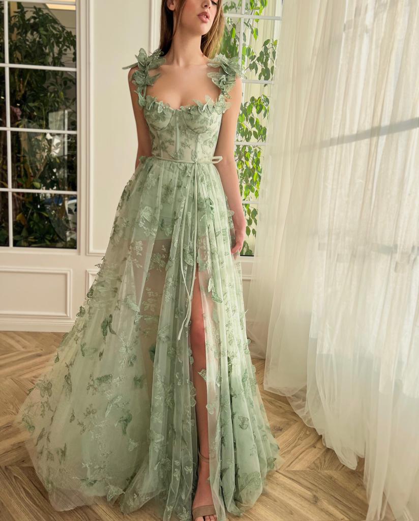 Green A-Line dress with embroidery, butterflies and spaghetti straps