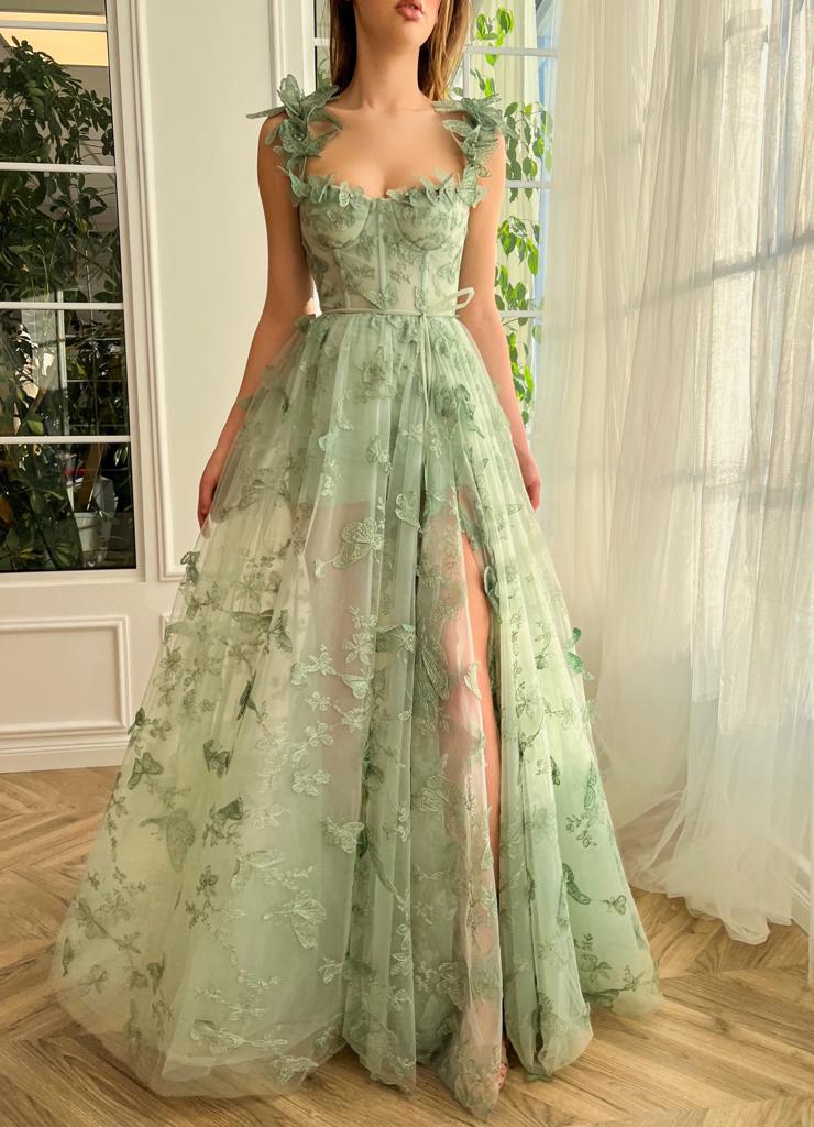 Green A-Line dress with embroidery, butterflies and spaghetti straps