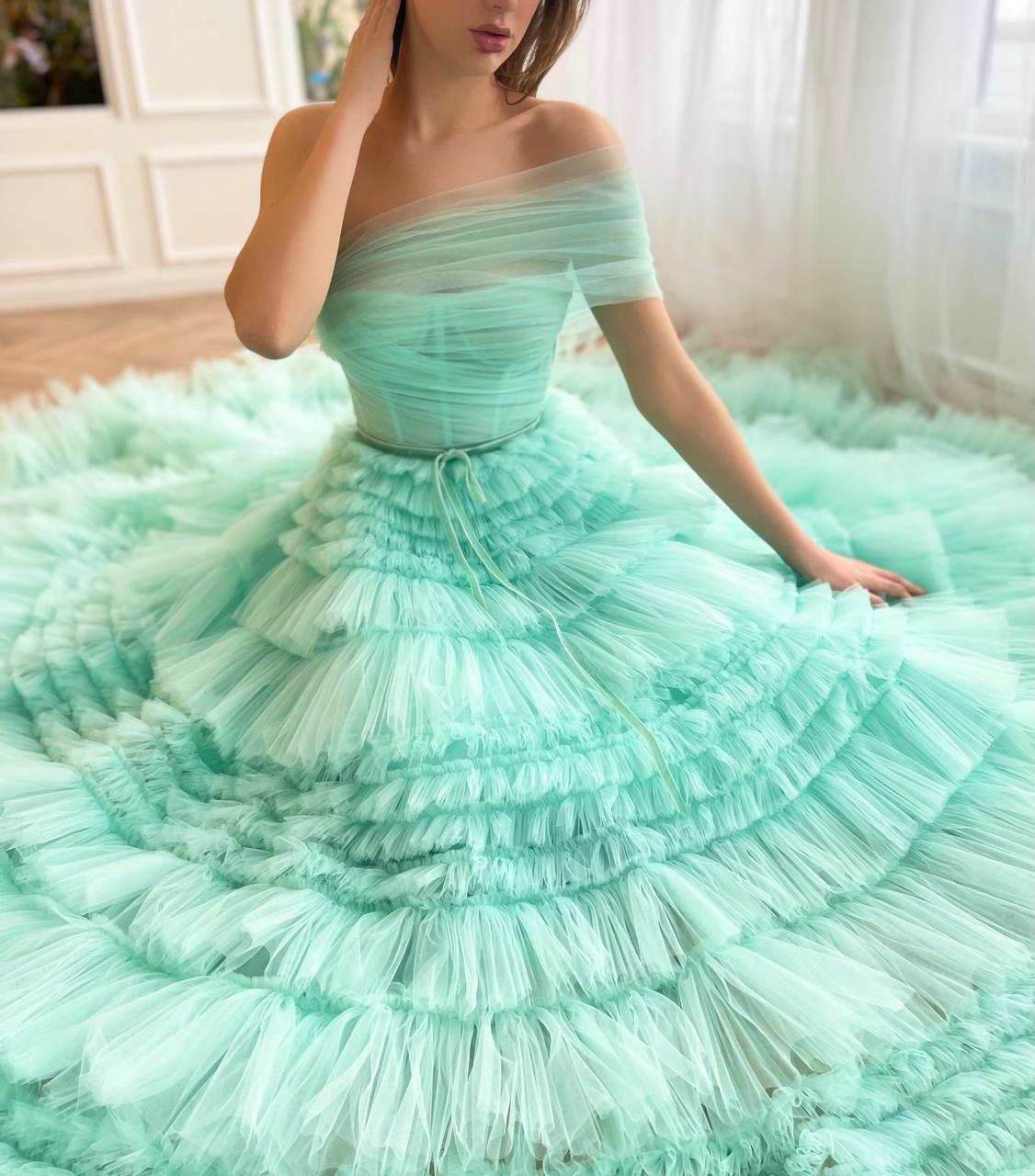 Turquoise A-Line dress with one shoulder sleeve and ruffles