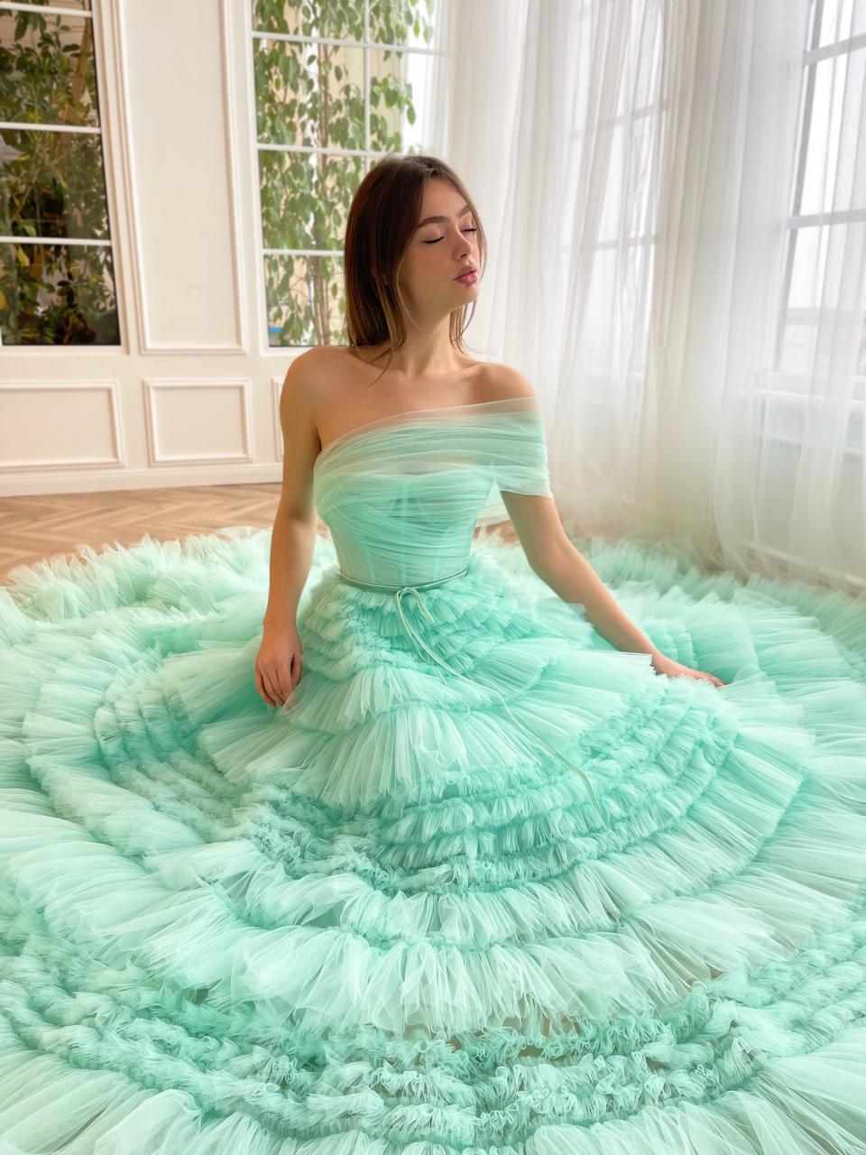 Turquoise A-Line dress with one shoulder sleeve and ruffles