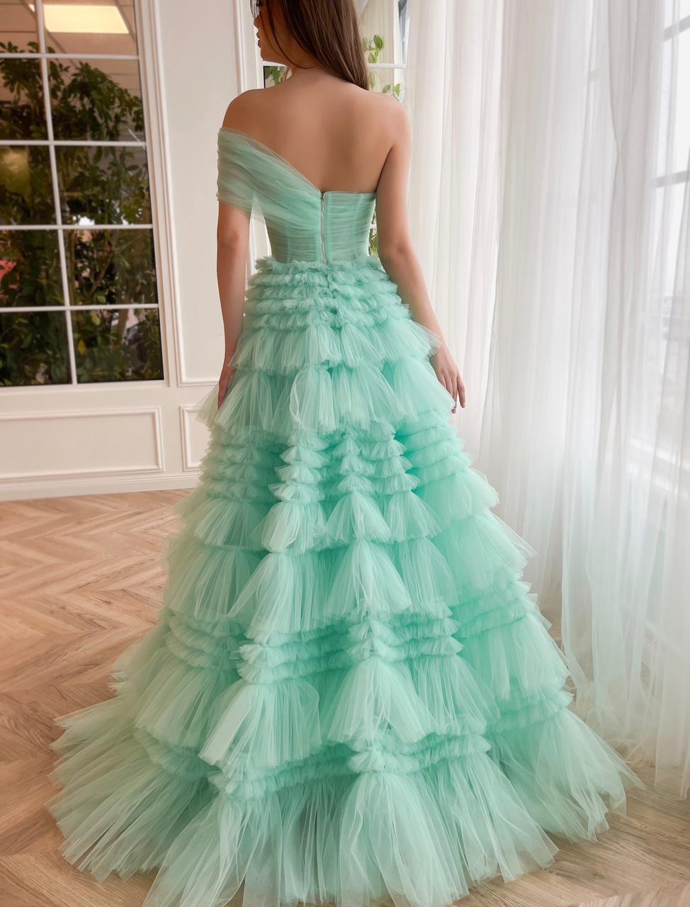 Turquoise A-Line dress with one shoulder sleeve and ruffles