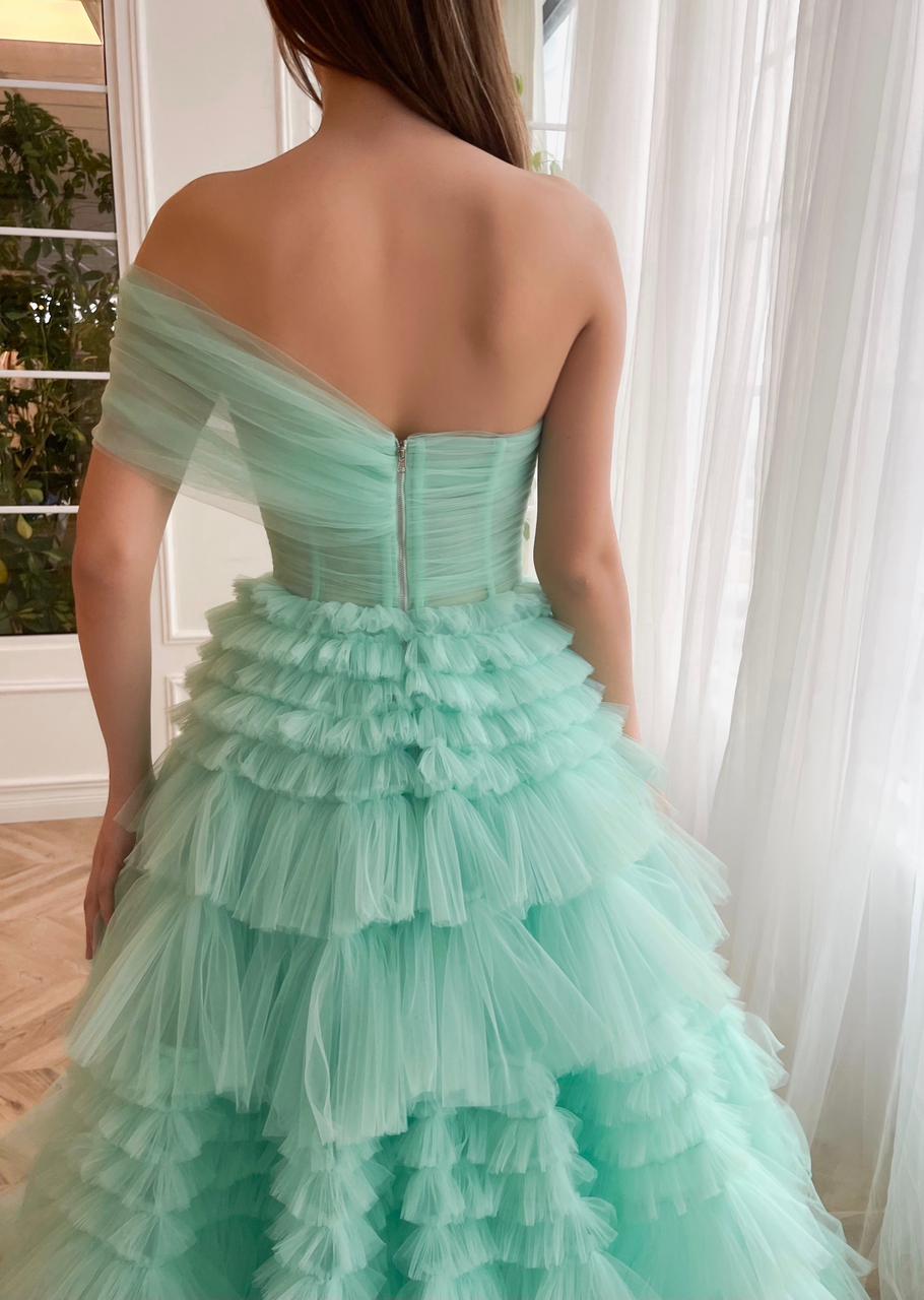 Turquoise A-Line dress with one shoulder sleeve and ruffles